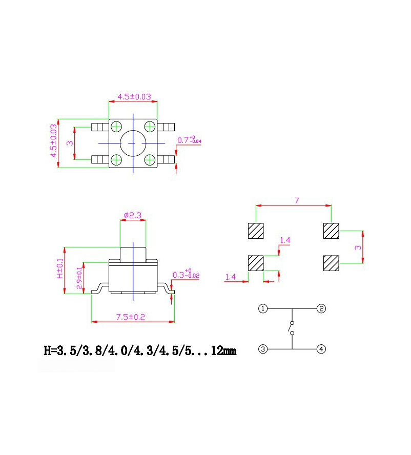 Factory sales touch switch 4.5 * 4.5 * 4.5 patch temperature resistant 4-pin patch key switch micro switch TP04