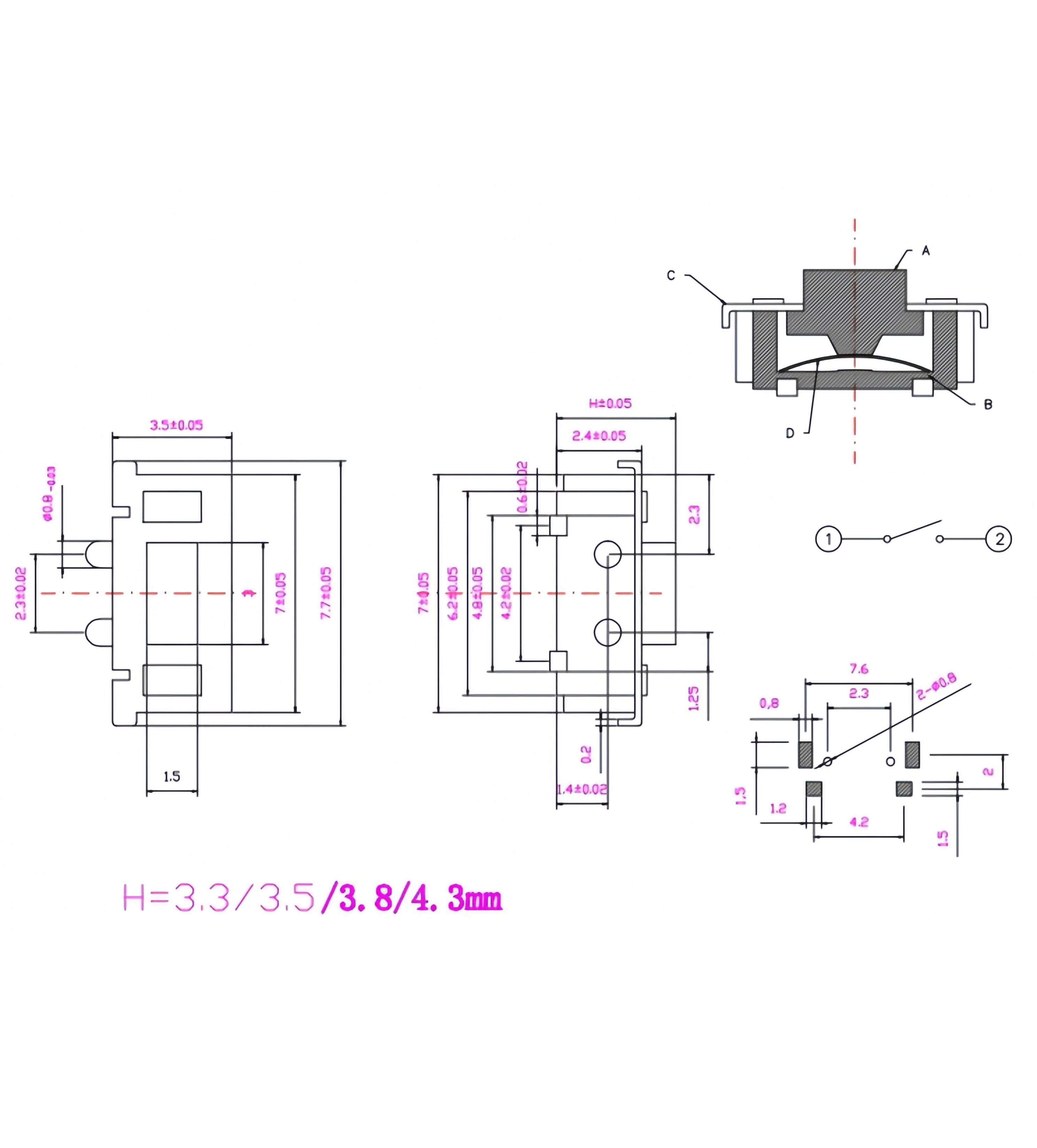 廠銷3*6*3.5側裝輕觸開關3x6x3.8側貼小開關貼片側按鍵按鈕 TP10