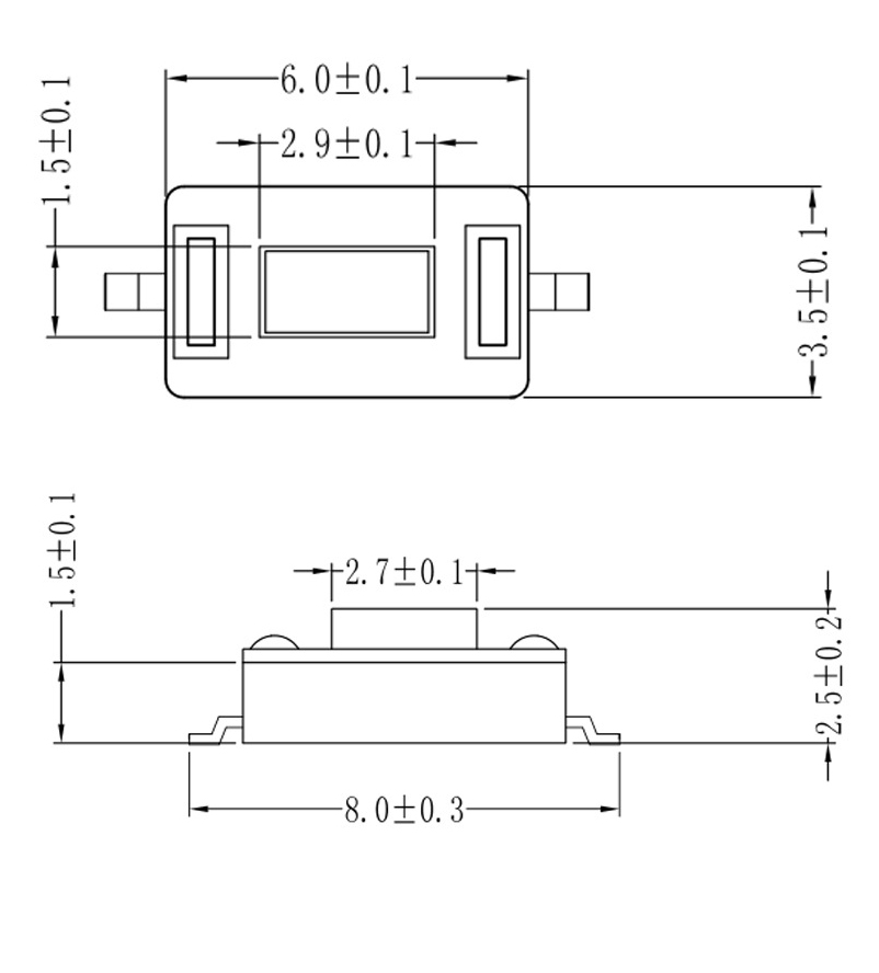 3 * 6 * 2.5 flat cover touch switch in stock, two foot patch 3 * 6 button switch, white braided with TP07